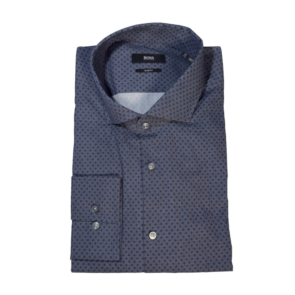 BOSS Jason Dress Shirt Mens 17.5 Blue NWT Slim Fit Geometric Print
